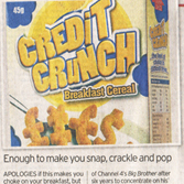 CREDIT CRUNCH CEREAL IN THE TELEGRAPH